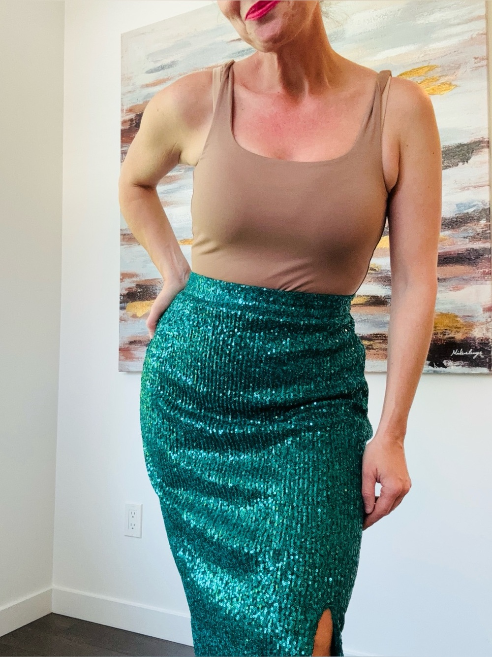MAEVE ANTHROPOLOGIE Sequin Midi Skirt Side Slit Teal Green Size Small